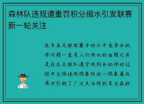 森林队违规遭重罚积分缩水引发联赛新一轮关注